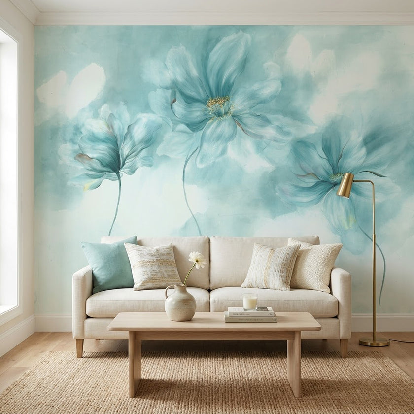 Suluboya Turkuaz Çiçekler Duvar Kağıdı – Açık Mavi Fon