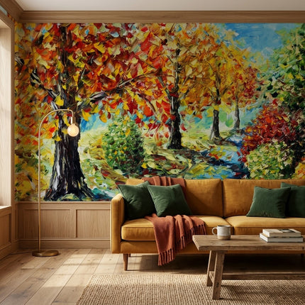 Yağlı Boya Renkli Sonbahar Ağacı ve Park Manzarası Duvar Kağıdı