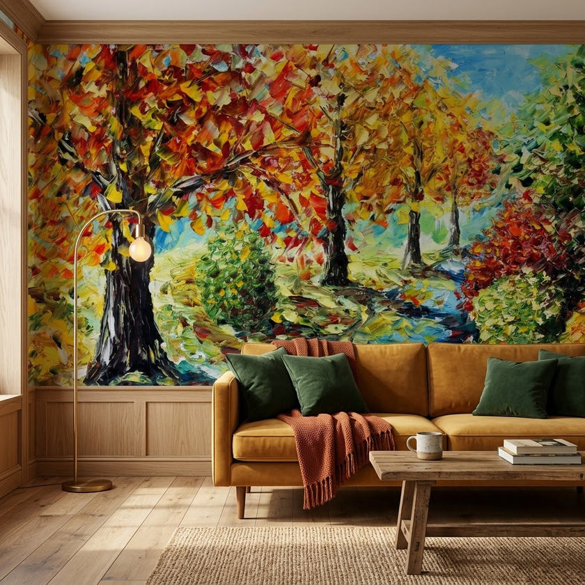 Yağlı Boya Renkli Sonbahar Ağacı ve Park Manzarası Duvar Kağıdı