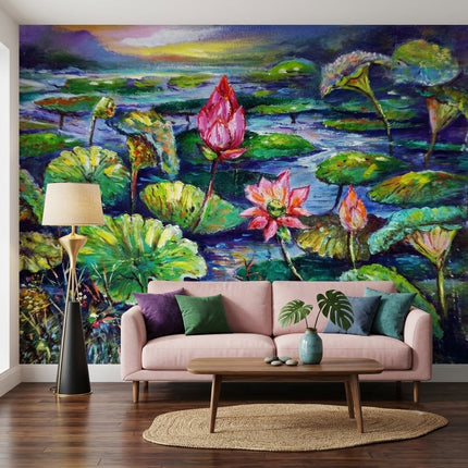 Yağlı Boya Pembe Nilüfer Gölü Duvar Kağıdı