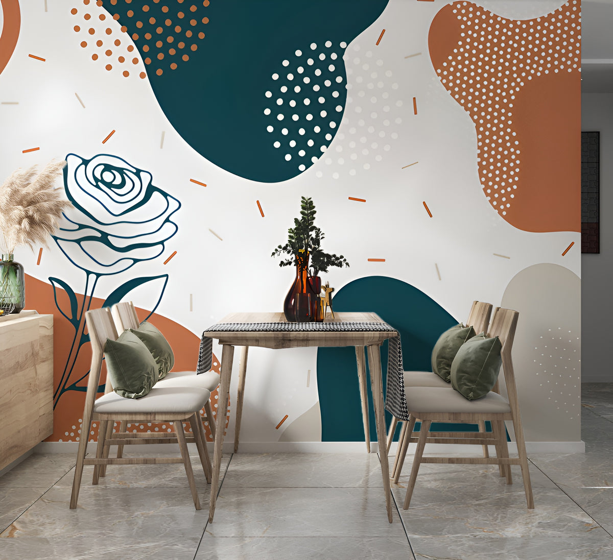 Boho Soyut Şekiller ve Gül Çizimi Duvar Kağıdı – uygulama görseli 3