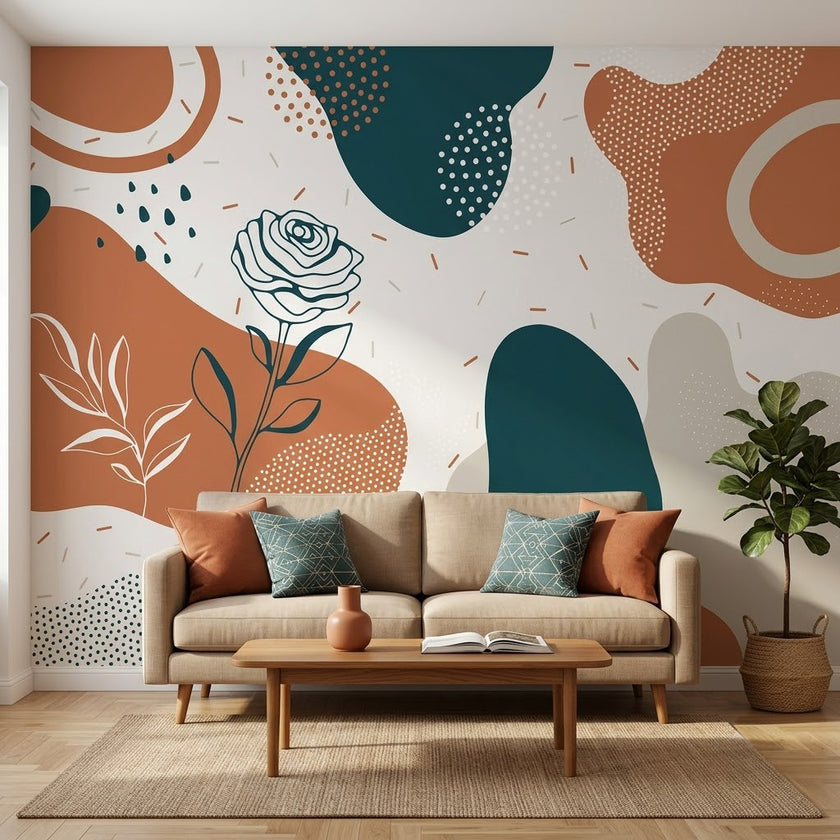 Boho Soyut Şekiller ve Gül Çizimi Duvar Kağıdı – Krem Fon