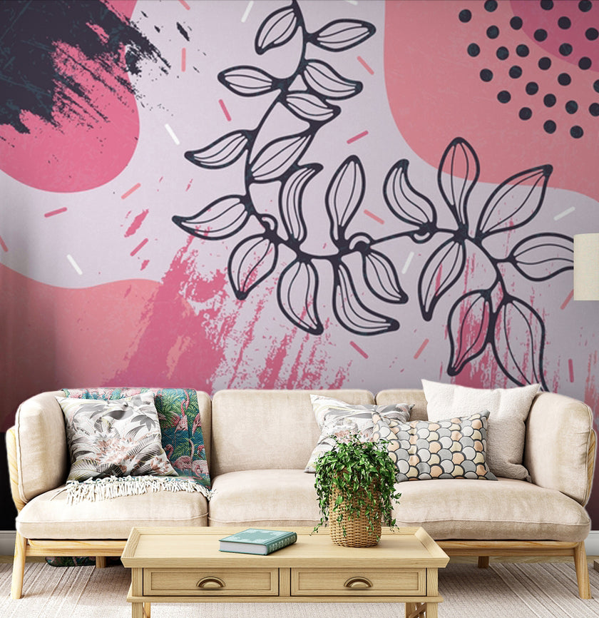 Boho Pembe Soyut Lekeler ve Yaprak Çizimi Duvar Kağıdı – uygulama görseli 2