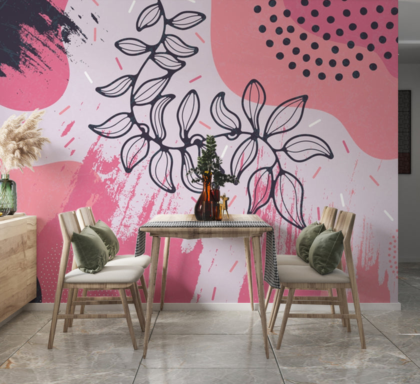Boho Pembe Soyut Lekeler ve Yaprak Çizimi Duvar Kağıdı – uygulama görseli 3