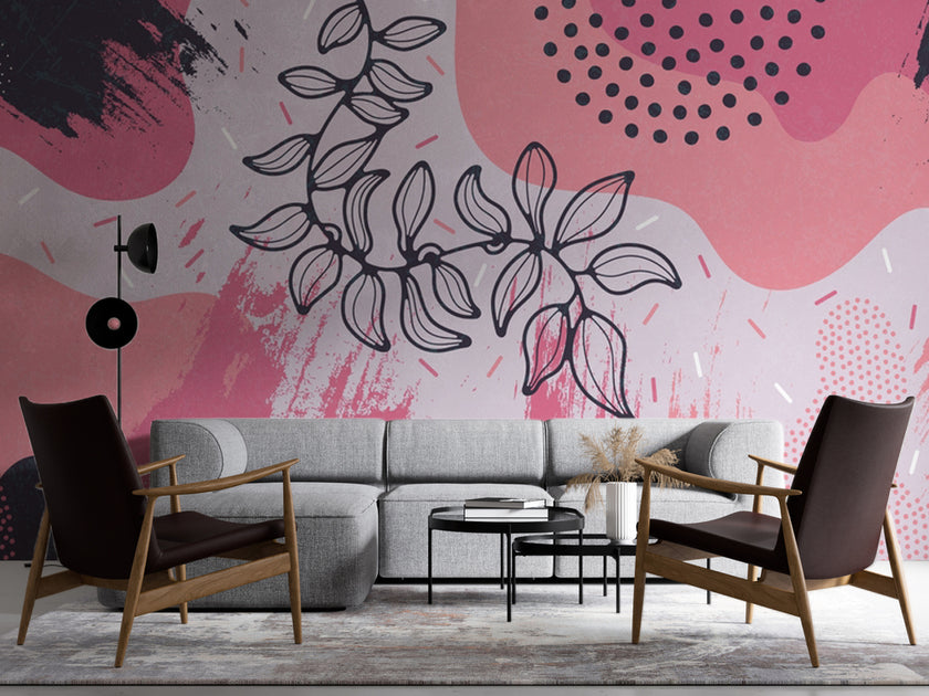 Boho Pembe Soyut Lekeler ve Yaprak Çizimi Duvar Kağıdı – uygulama görseli 4