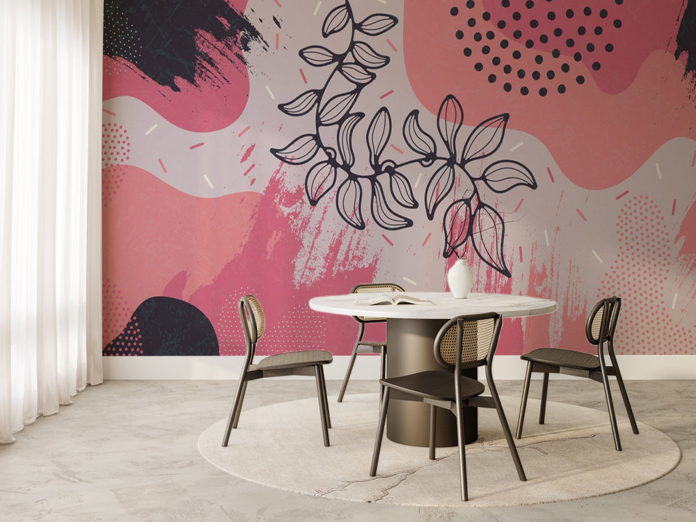 Boho Pembe Soyut Lekeler ve Yaprak Çizimi Duvar Kağıdı – uygulama görseli 6