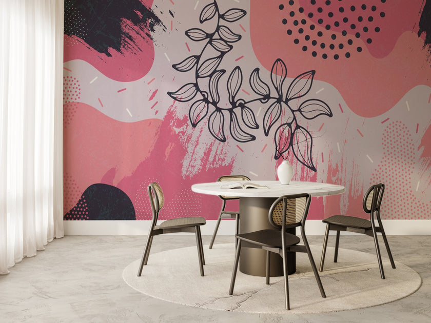 Boho Pembe Soyut Lekeler ve Yaprak Çizimi Duvar Kağıdı – uygulama görseli 6