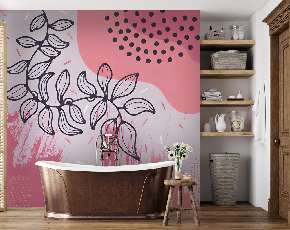 Boho Pembe Soyut Lekeler ve Yaprak Çizimi Duvar Kağıdı – uygulama görseli 7
