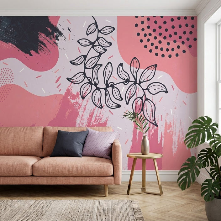 Boho Pembe Soyut Lekeler ve Yaprak Çizimi Duvar Kağıdı