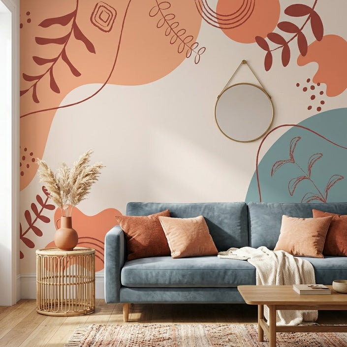 Boho Terrakota Yapraklar ve Soyut Şekiller Duvar Kağıdı