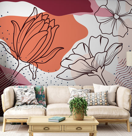 Boho Çizgi Çiçekler ve Soyut Şekiller Duvar Kağıdı – uygulama görseli 2