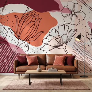 Boho Çizgi Çiçekler ve Soyut Şekiller Duvar Kağıdı – Mercan Tonları