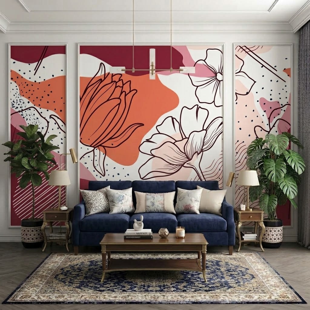 Boho Çizgi Çiçekler ve Soyut Şekiller Çıtalı Duvar Kağıdı Seti