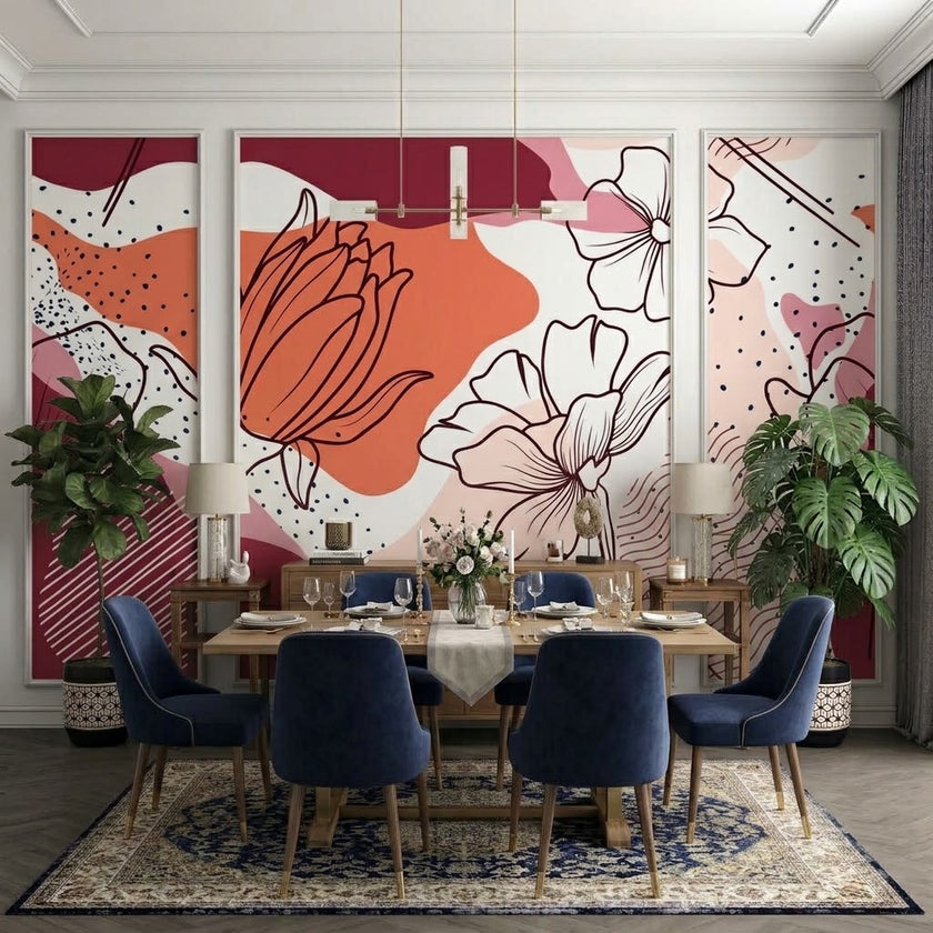 Boho Çizgi Çiçekler ve Soyut Şekiller Çıtalı Duvar Kağıdı Seti – uygulama görseli 2