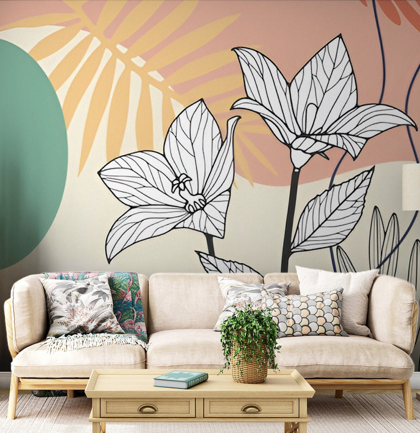Boho Çizgi Çiçekler ve Pastel Soyut Şekiller Duvar Kağıdı – uygulama görseli 2