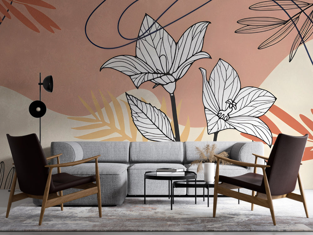 Boho Çizgi Çiçekler ve Pastel Soyut Şekiller Duvar Kağıdı – uygulama görseli 4