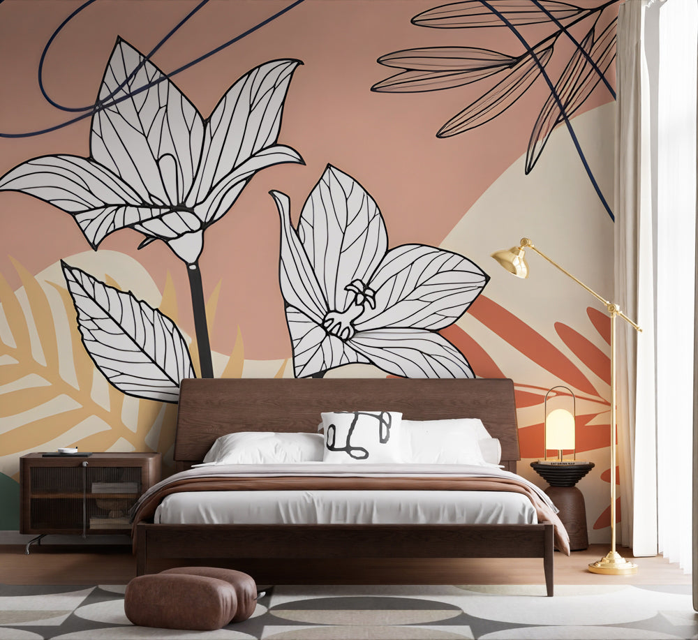 Boho Çizgi Çiçekler ve Pastel Soyut Şekiller Duvar Kağıdı – uygulama görseli 5