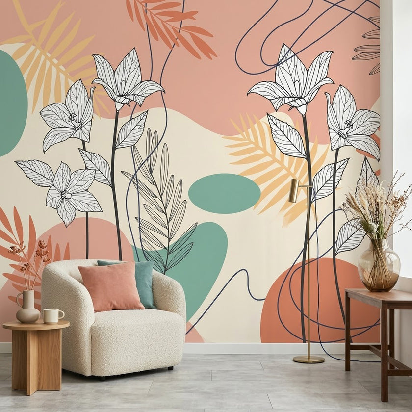 Boho Çizgi Çiçekler ve Pastel Soyut Şekiller Duvar Kağıdı