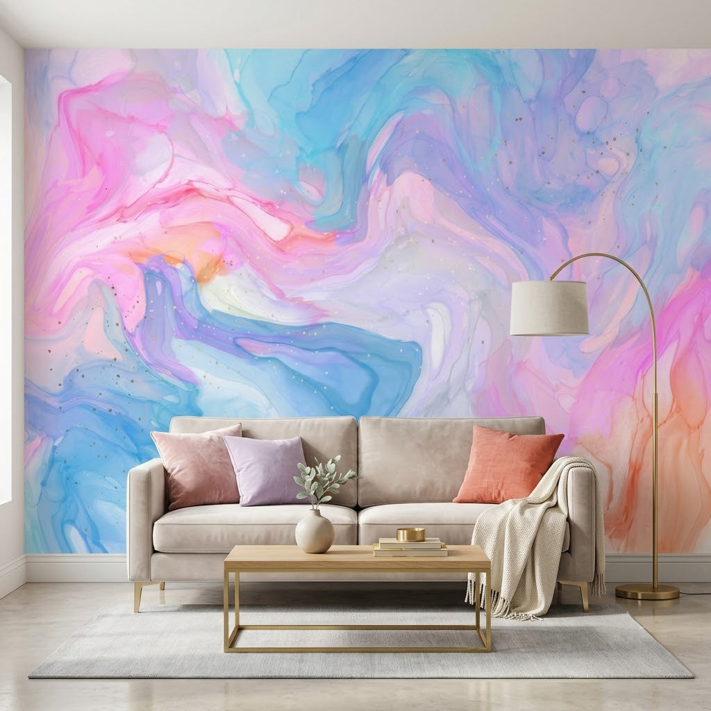 Pembe ve Mavi Mermer Akışı Duvar Kağıdı – Pastel