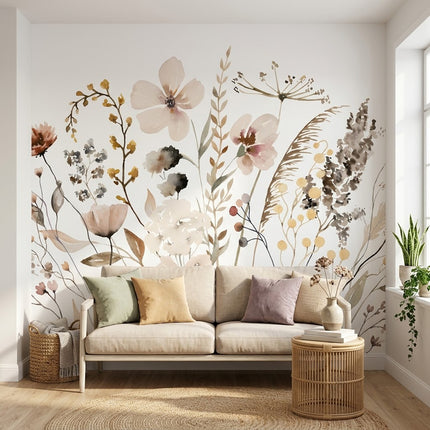 Pastel Kır Çiçekleri ve Otlar Duvar Kağıdı – Beyaz Fon