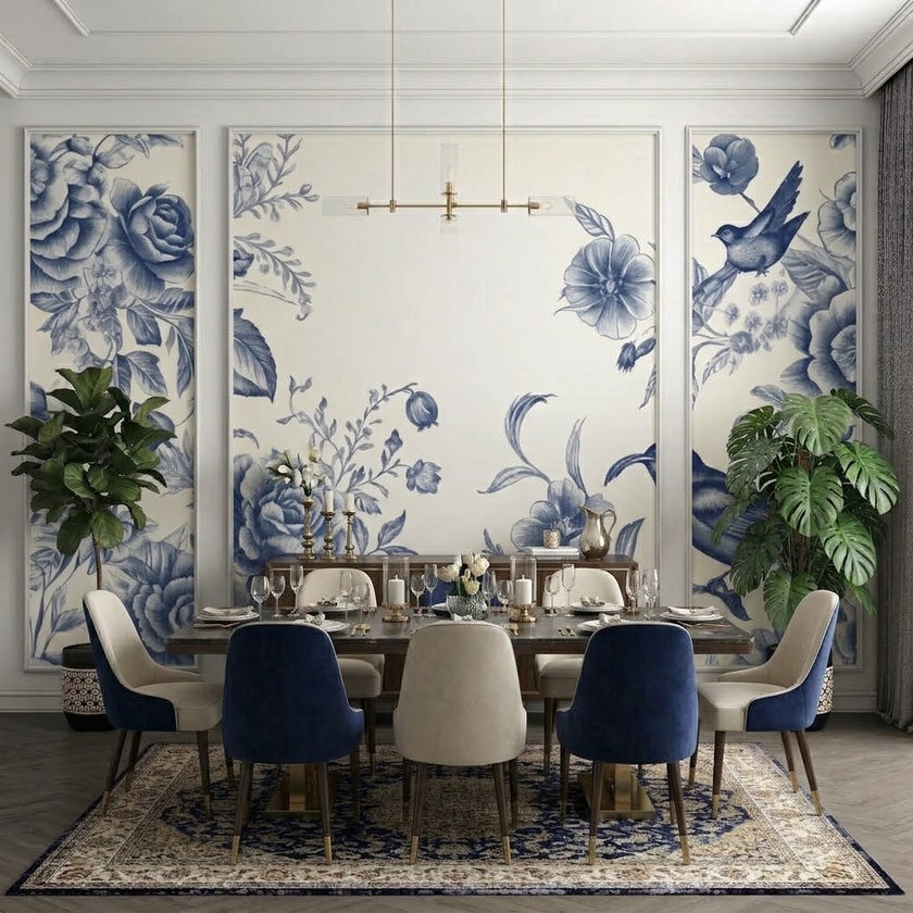 Mavi Beyaz Porselen Tarzı Gül ve Kuşlar Çıtalı Duvar Kağıdı Seti – uygulama görseli 3