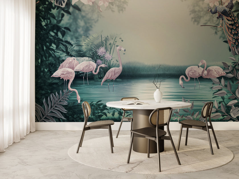 Flamingo Gölü ve Tropikal Çerçeve Duvar Kağıdı – uygulama görseli 6