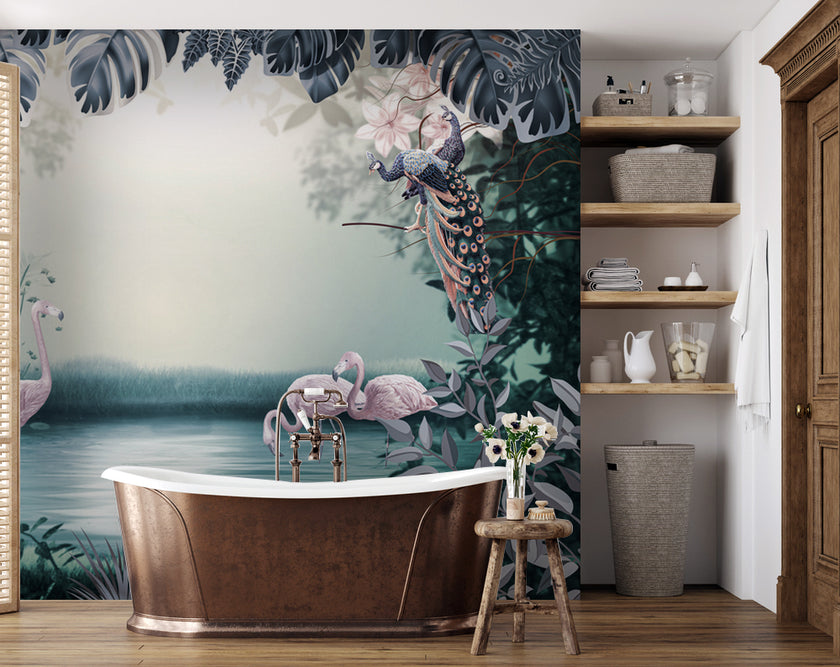 Flamingo Gölü ve Tropikal Çerçeve Duvar Kağıdı – uygulama görseli 7