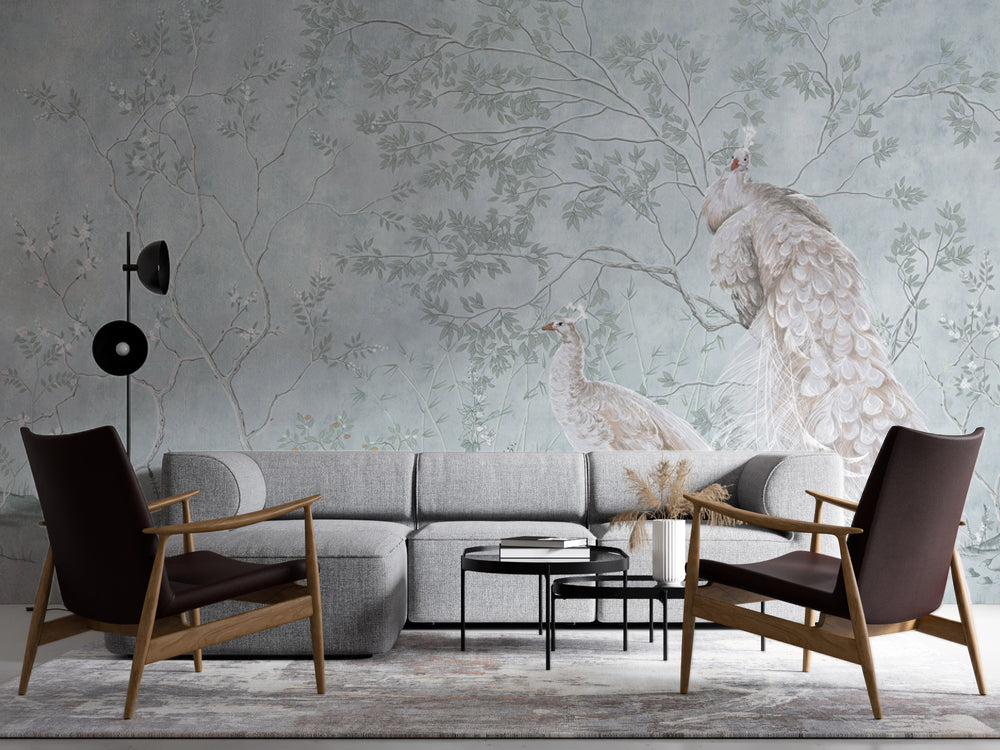 Beyaz Tavus Kuşu ve Chinoiserie Dallar Duvar Kağıdı – uygulama görseli 4