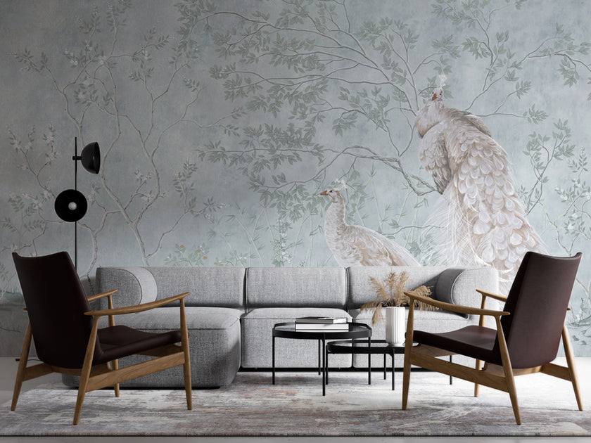 Beyaz Tavus Kuşu ve Chinoiserie Dallar Duvar Kağıdı – uygulama görseli 4