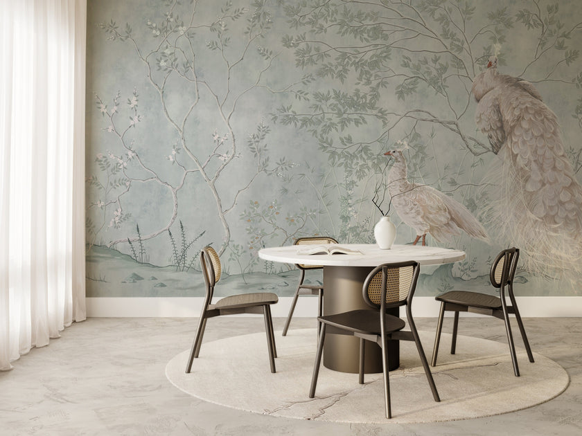Beyaz Tavus Kuşu ve Chinoiserie Dallar Duvar Kağıdı – uygulama görseli 6