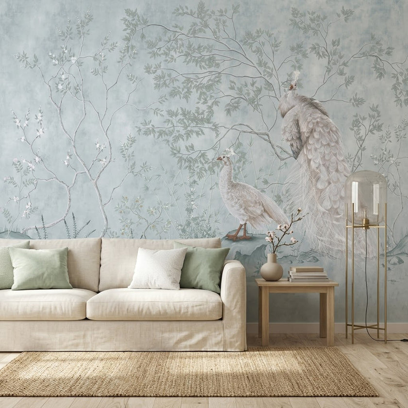 Beyaz Tavus Kuşu ve Chinoiserie Dallar Duvar Kağıdı – Mint Fon