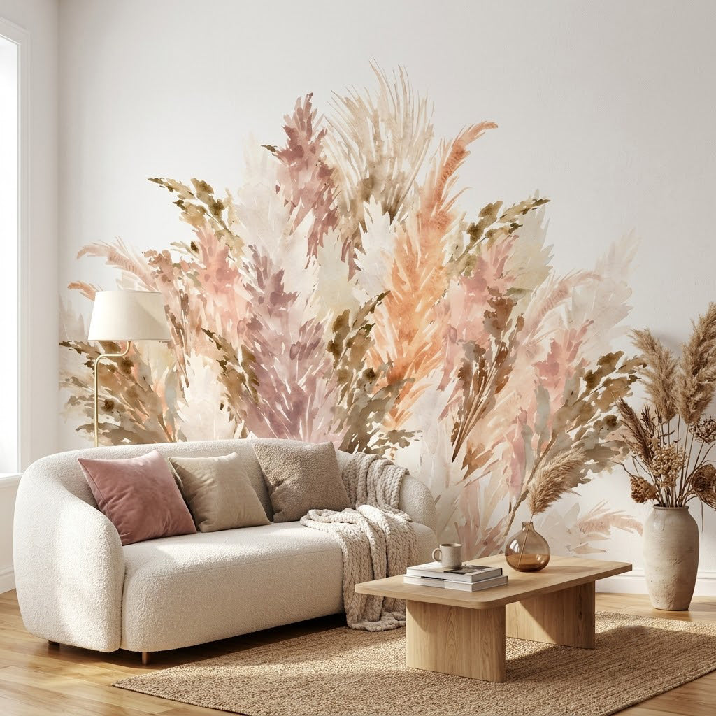 Pembe Pampas Otları Duvar Kağıdı – Beyaz Fon
