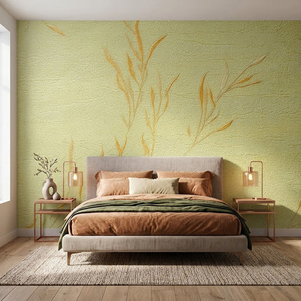 Minimalist Altın Dallar Duvar Kağıdı – Fıstık Yeşili Fon