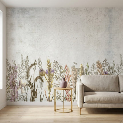 Minimalist Kır Çiçekleri Bordürü Duvar Kağıdı – Beton Fon