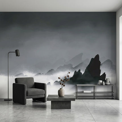 Koyu Gri Sisli Dağ Siluetleri Duvar Kağıdı – Minimalist