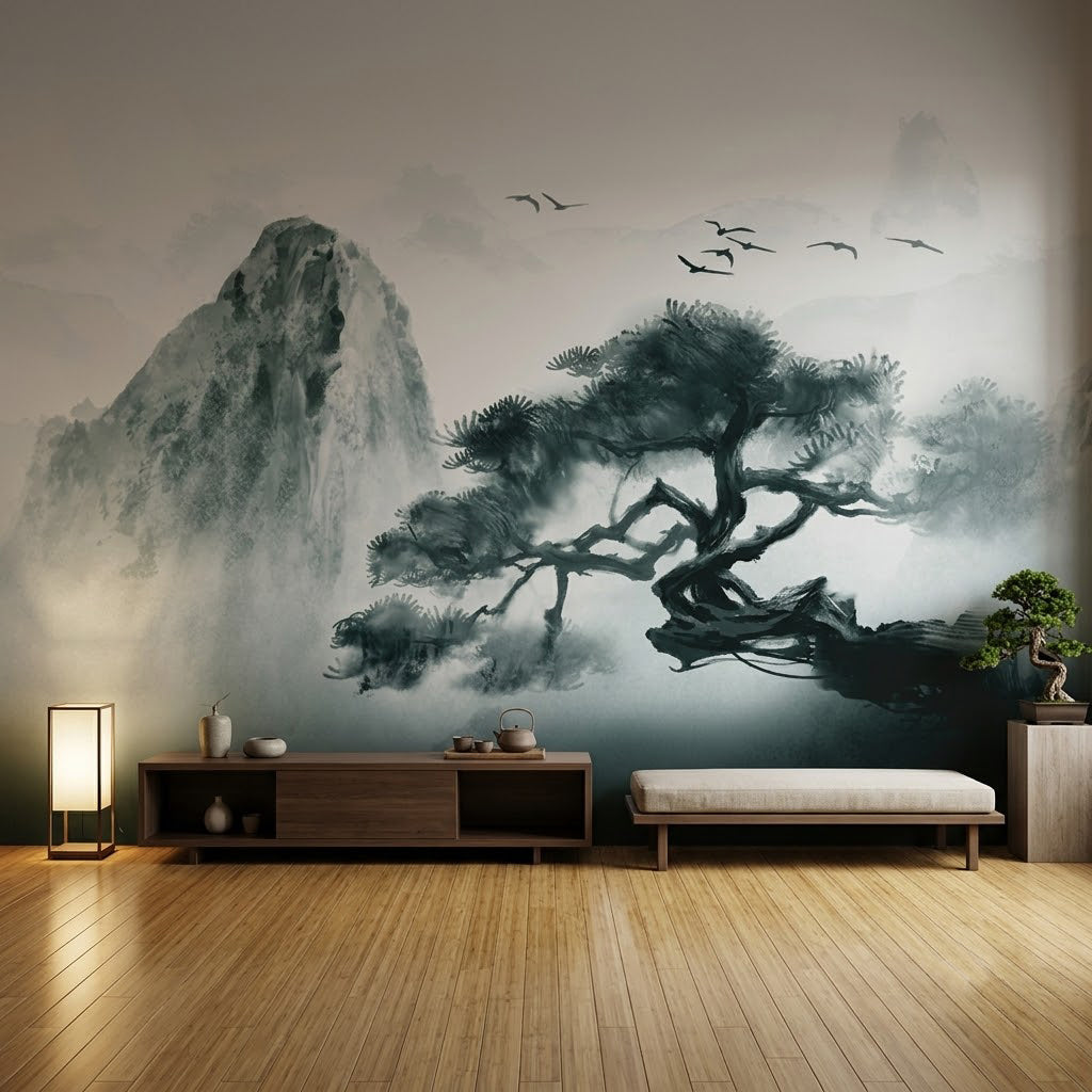 Bonsai Çam Ağacı ve Sisli Dağ Duvar Kağıdı – Japon Tarzı