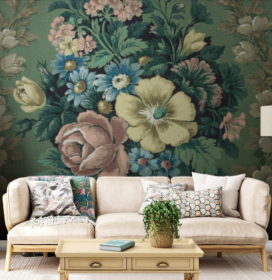 Vintage Damask ve Renkli Çiçek Buketi Duvar Kağıdı – uygulama görseli 2