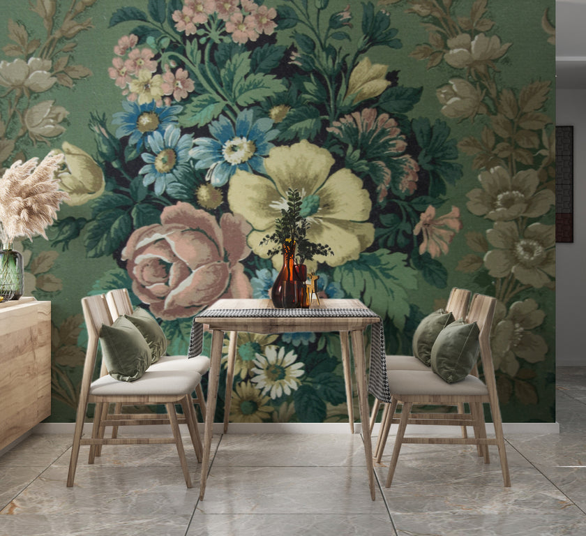 Vintage Damask ve Renkli Çiçek Buketi Duvar Kağıdı – uygulama görseli 3