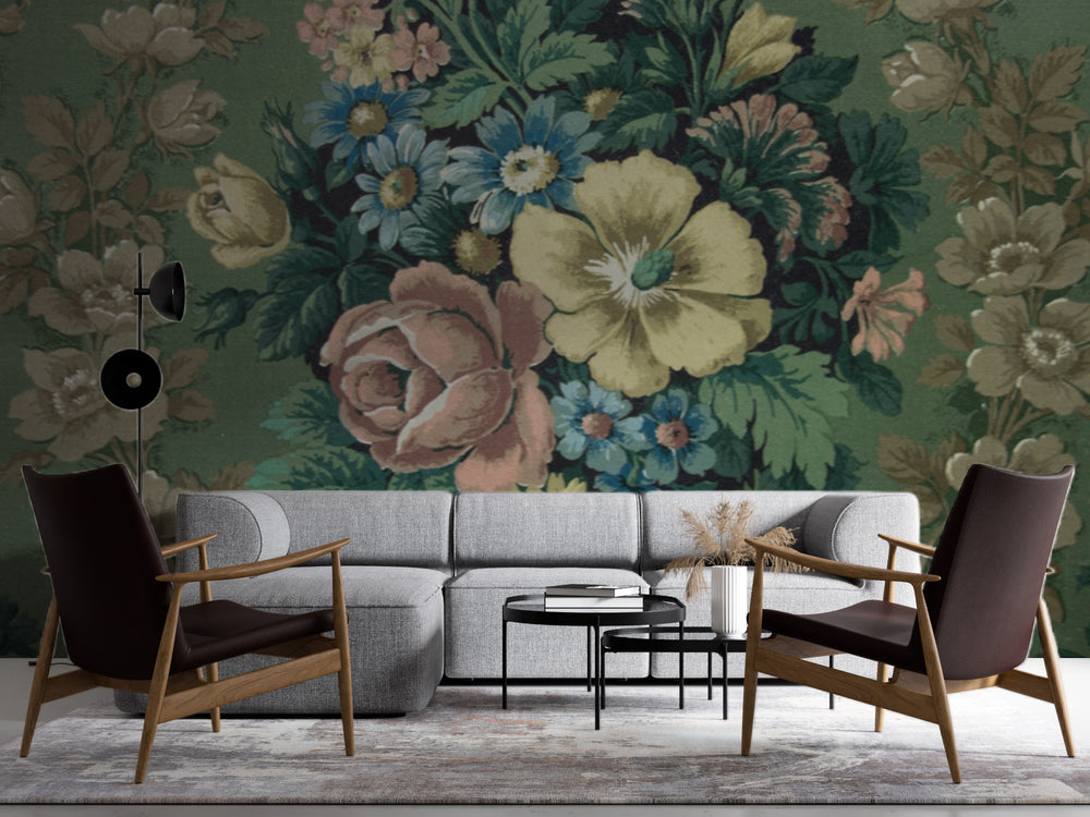 Vintage Damask ve Renkli Çiçek Buketi Duvar Kağıdı – uygulama görseli 4