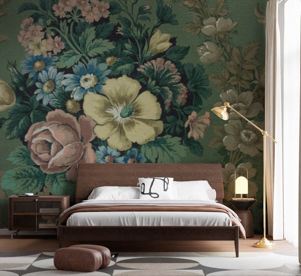 Vintage Damask ve Renkli Çiçek Buketi Duvar Kağıdı – uygulama görseli 5