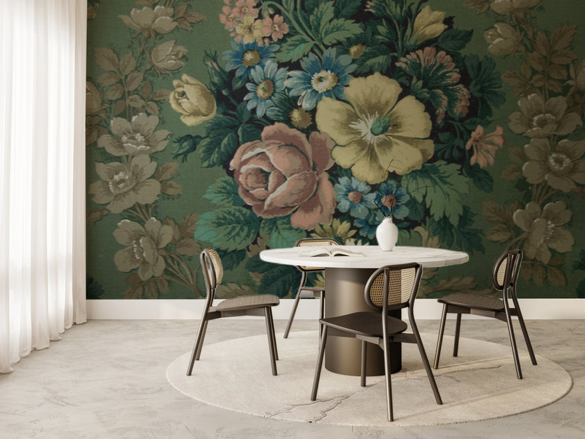 Vintage Damask ve Renkli Çiçek Buketi Duvar Kağıdı – uygulama görseli 6