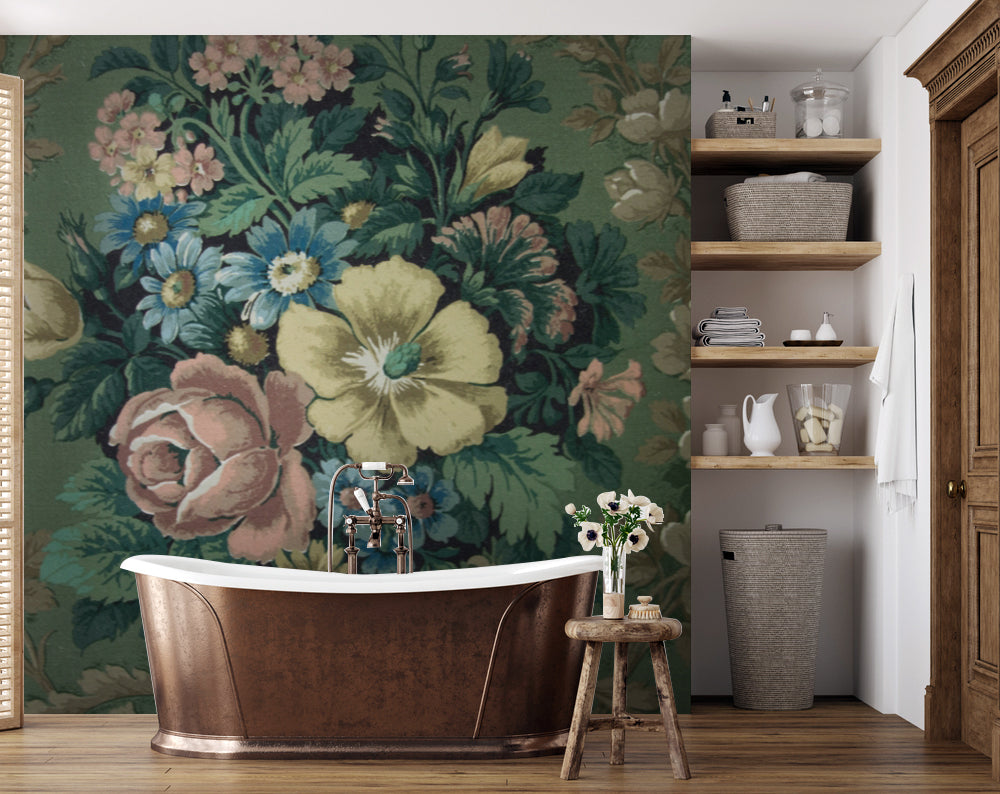 Vintage Damask ve Renkli Çiçek Buketi Duvar Kağıdı – uygulama görseli 7