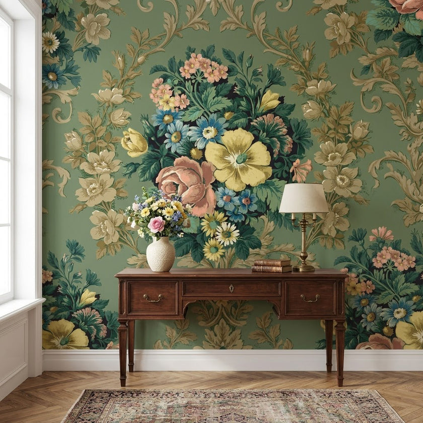 Vintage Damask ve Renkli Çiçek Buketi Duvar Kağıdı – Yeşil Fon