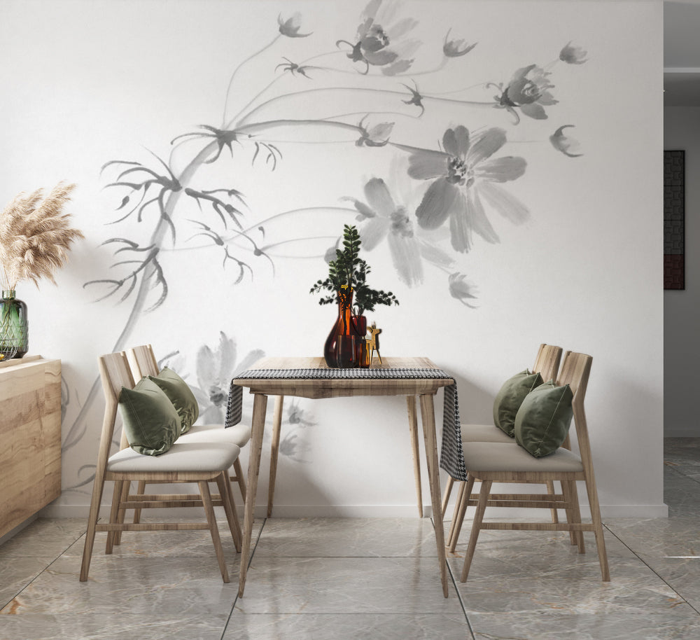 Minimalist Siyah Mürekkep Çiçek Dalı Duvar Kağıdı – uygulama görseli 3