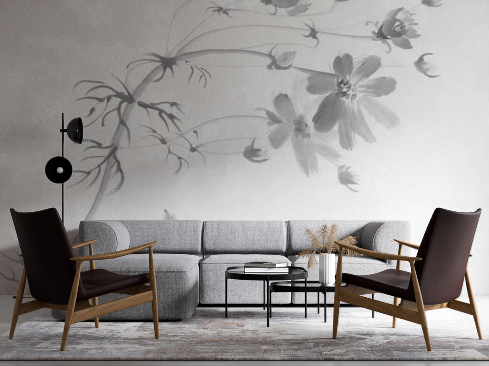 Minimalist Siyah Mürekkep Çiçek Dalı Duvar Kağıdı – uygulama görseli 4