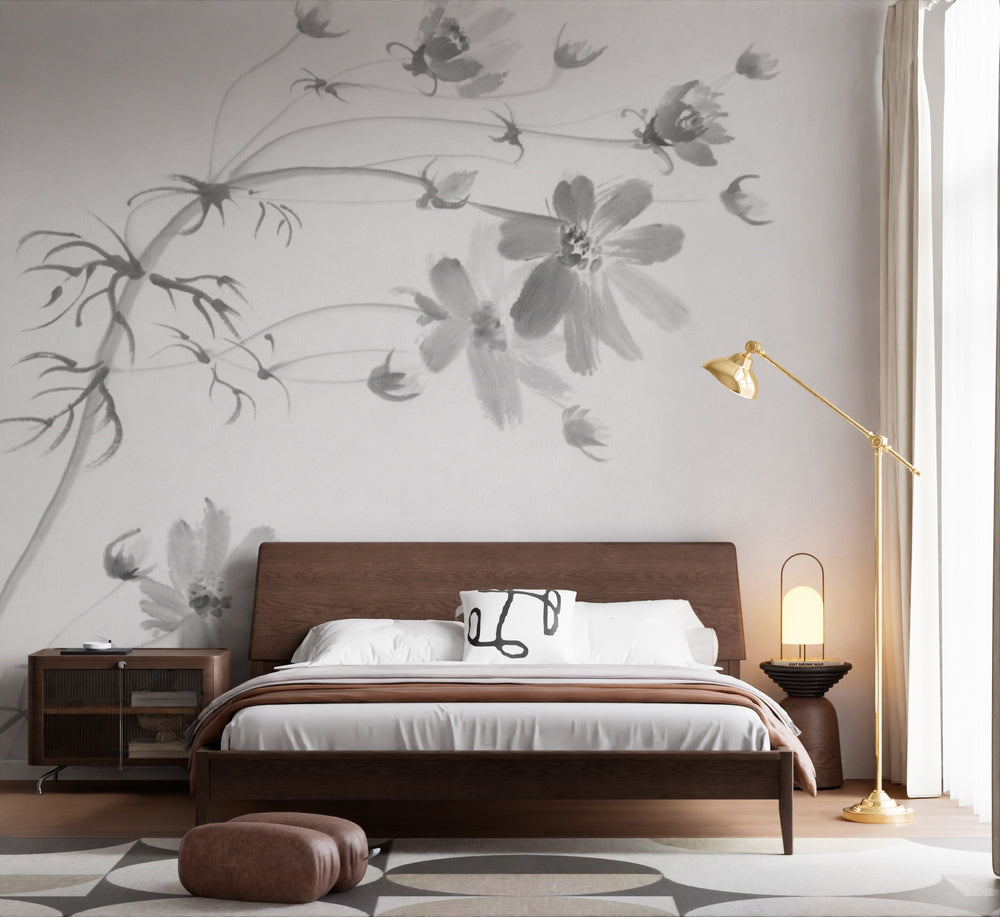 Minimalist Siyah Mürekkep Çiçek Dalı Duvar Kağıdı – uygulama görseli 5