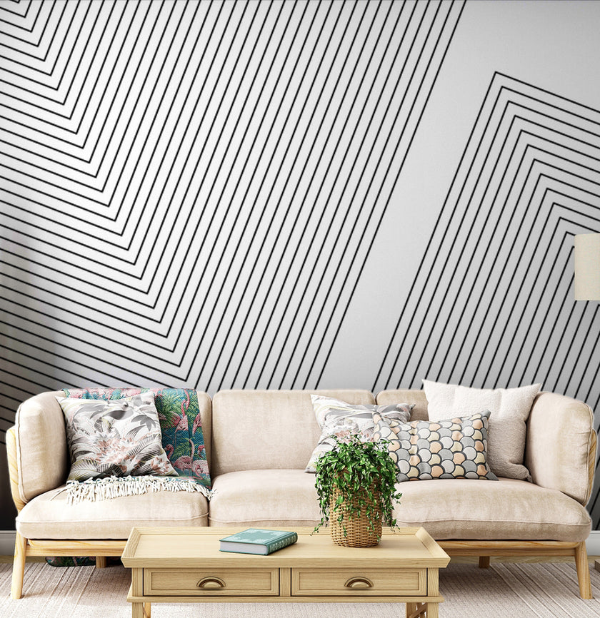 Siyah Beyaz Çizgisel Geometrik Duvar Kağıdı – Gri Fon