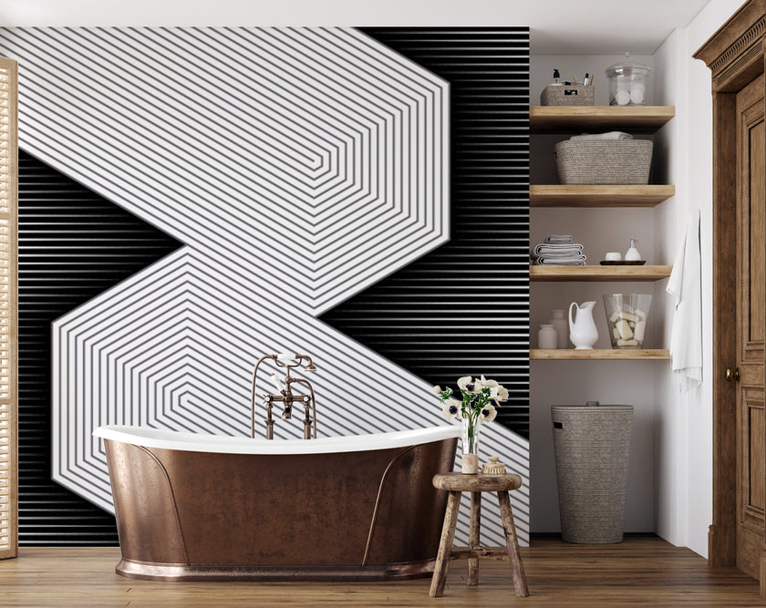 Siyah Beyaz Zikzak Çizgiler Geometrik Duvar Kağıdı – uygulama görseli 6