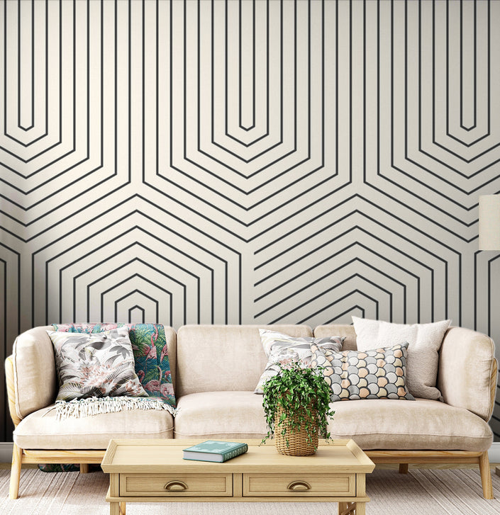 Siyah Çizgi Altıgen Geometrik Desen Duvar Kağıdı – Krem Fon