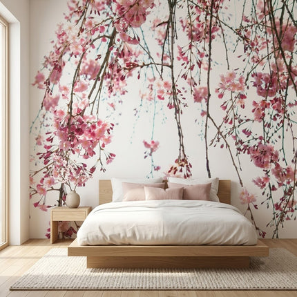 Sarkan Pembe Sakura Dalları Duvar Kağıdı – Beyaz Fon